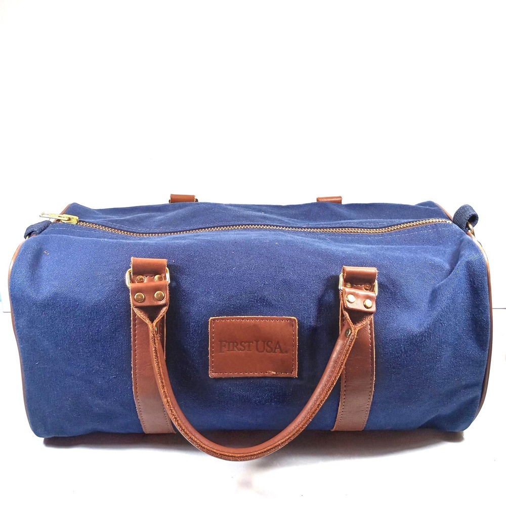 First USA Duffle Bag Navy Blue Canvas Leather Trim Gym Travel Weekend Carry On